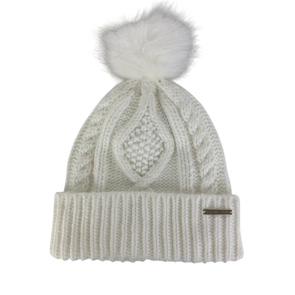 Michael Kors Womens Cable Knit Teddy Fleece Faux Fur Pom Pom Cream Beanie Hat - Picture 1 of 5